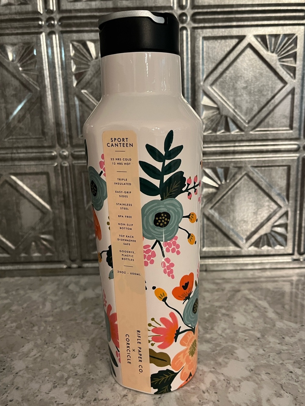 Corkcicle: Rifle Paper Co Floral Sport Canteenin White with Multi-Color Flowers